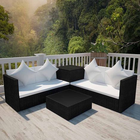 Salon de jardin 4 pièces en résine tressée noire avec coussins, coffre et table basse - PANGIVO (1/5)