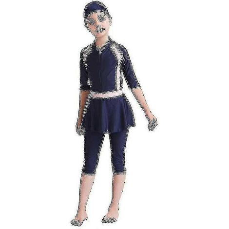 Maillots de bain musulmans pour filles et enfants, maillots de bain islamiques, burkinis doux pour la peau, vêtements de plage-5-6 Years-Navy Blue