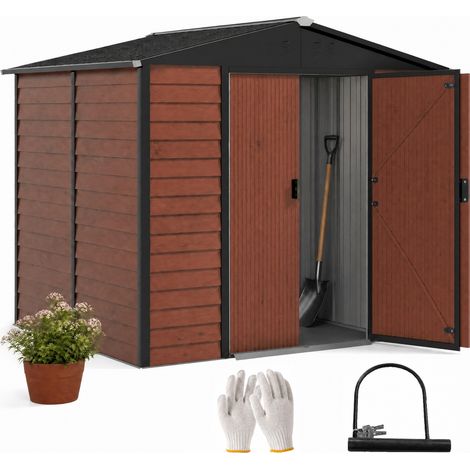 Abri de jardin extérieur 4,4 m² dimensions 240x206x198 cm, base, porte coulissante avec serrure, armoire de jardin, aspect teck (1/5)