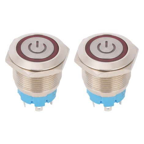 Interrupteur à Bouton-poussoir Rond, 2 Pièces, 4 Broches, Tête Plate de 19 Mm, en Acier Inoxydable avec Lumière, IP65 12-24VDC (rouge). (1/5)
