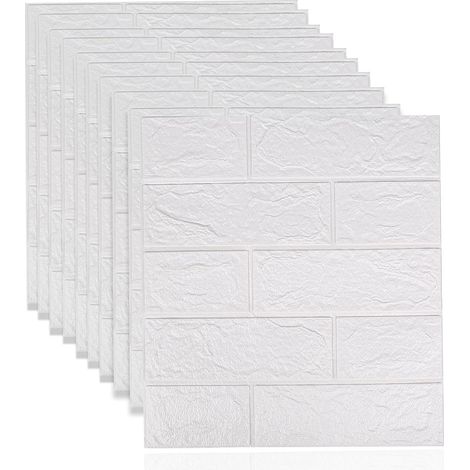 Lot de 10 panneaux muraux autocollants 3D en forme de brique - 38,5 x 35 cm - Blanc - Pour salle de bain, chambre à coucher, salon, balcon, cuisine (1/5)