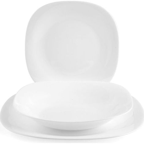 Service de vaisselle en verre Parma – Lot de 18 assiettes carrées – Verre opale trempé – Dimensions 27 cm, 22,5 cm, 20,2 cm – Couleur blanc – Bormioli Rocco (1/2)