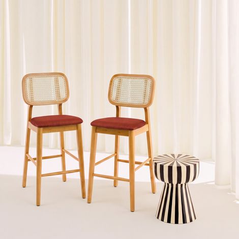 Lot de 2 tabourets de bar bois d'hévéa cannage et tissu 66.5cm - Mani Naturel / Terracotta