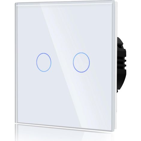 Gängiger Touch-Schalter, Wandschalter kompatibel mit LED-Leuchten, Bedienfeld aus gehärtetem Kristallglas, Touchscreen aus Glas mit hintergrundbeleuchteten Tasten, 86 mm, 2-stellig, 1-Kanal, weiß