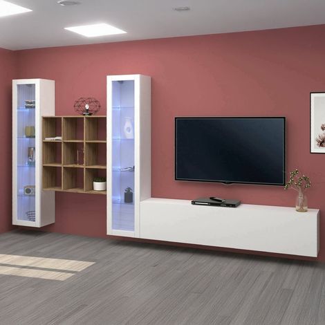 Dmora - Pared Equipada Dchiorr, Conjunto de salón Mueble TV con 3 puertas, Mueble salón polivalente con vitrina y luz LED, 100% Made in Italy, cm 350x30h180, Blanco brillo y Arce (1/5)