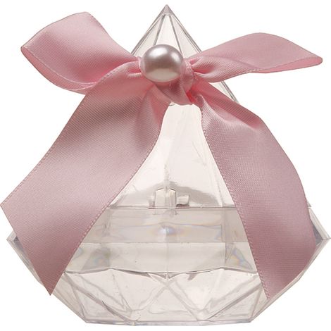 12 Stück rautenförmige, transparente Geschenkboxen für Leckereien auf Hochzeitsfeiern (Rosa Schleife L)