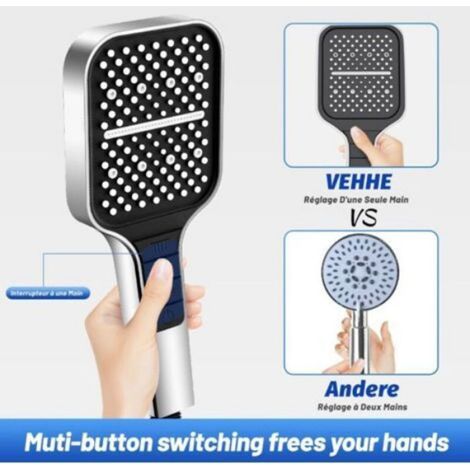 Pommeau de douche haute pression 7 modes argent, arrêt instantané, buses silicone anti‑colmatage, économie d’eau. (1/4)
