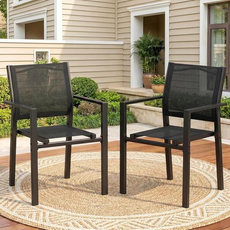 Gartenstühle stapelbar 2er Set, Balkonstühle, Essstühle, 2 PCS Teslin und Metallgestell, bis 120 kg, Outdoor Gartenstuhl für Terrasse Garten Pool, atmungsaktiv mit Armlehnen, Schwarz (1/5)