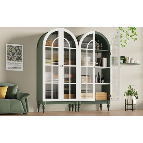 Vitrine 76x38,5x165 cm MDF vert foncé et blanc, portes vitrées, pour salle à manger – MEUBLIV (1/5)