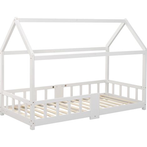 Lit cabane enfant 90 x 200 cm blanc avec tableau, barrières de sécurité et sommier à lattes (1/5)