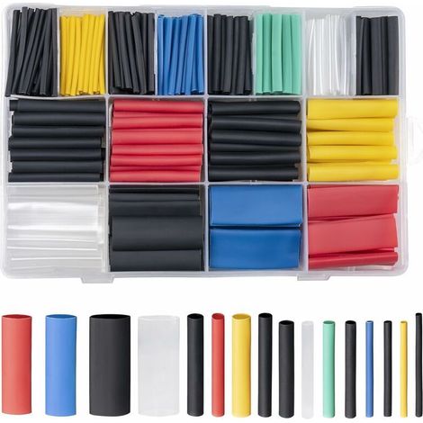 Assortiment de 580 gaines thermorétractables étanches (noir, bleu, rouge, jaune, vert) pour isolation de câbles électriques (1/4)