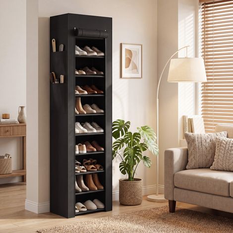 Étagère chaussures 20 paires 10 niveaux métal housse anti-poussière noir. Étagère à chaussures avec housse anti-poussière pour 20 paires, pratique et protectrice. (1/5)