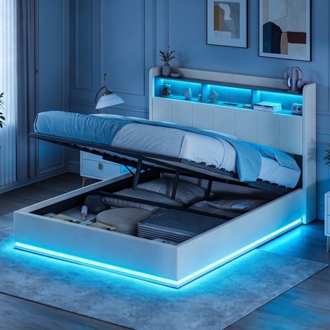 JOOKGBD-Polsterbett Doppelbett 140x200 cm,Jugendbett,Hydraulisches Bett mit Bettkasten und Lattenrost, Staufach-Kopfteil mit LED und USB-Anschlüssen,Samt,ohne Matratze,Weiß (1/5)