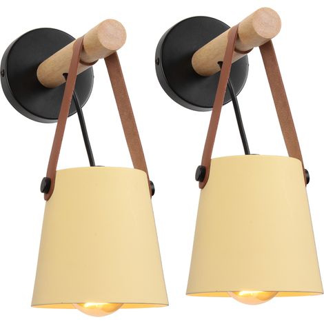 2X Wandleuchte Innen Gelb, Vintage Wandlampe Holz und Metall E27 Nachttischlampe für Wohnzimmer Schlafzimmer Flur Treppenhaus