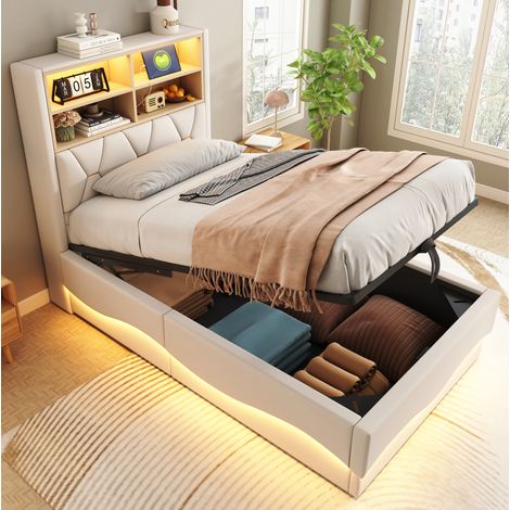 MEUBLIV Bettgestell 90x200 cm Beige – Stauraum, LED und USB, ohne Matratze (1/4)