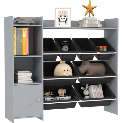 Toy Storage Unit with 8 Removable Bins, Storage Shelves, Cabinet, Grey (1/5)