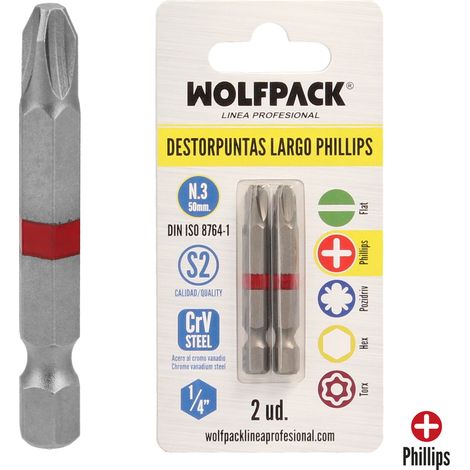 Estrattori di punte Phillips n. 3 lunghi (2 pezzi) Acciaio al cromo vanadio S2 (1/4)