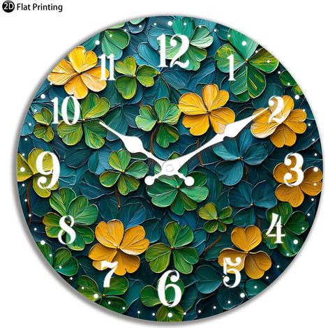 Horloge murale silencieuse (10 pouces) avec motif de trèfle jaune, horloge analogique à quartz, convient pour la chambre et la salle de bain. (1/5)