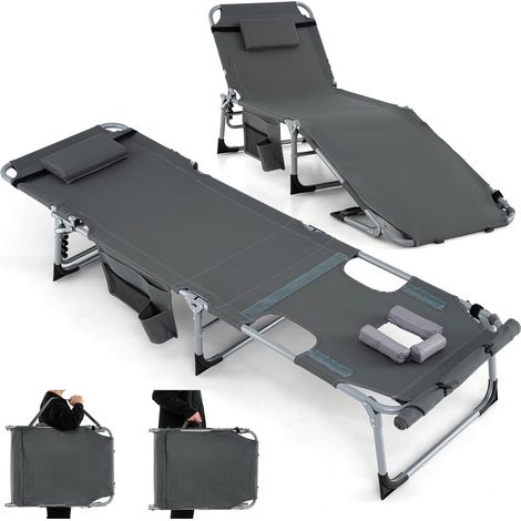 COSTWAY Sedia a Sdraio Pieghevole, Lettino Prendisole Regolabile in Metallo, con Poggiatesta, Cuscino e Tasca, per Spiaggia, Giardino, Balcone, Fino a 180 kg (Grigio Scuro) (1/5)