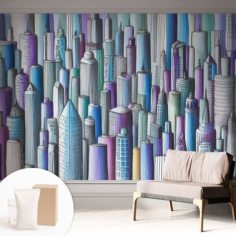 Tapete Vliestapete mit Kleber - trendige Wanddeko - elegant Fototapete für Wohnzimmer - Schlafzimmer Stadthochhäuser 312x219 cm (1/5)