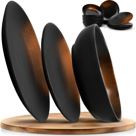 Service de table 12 pièces en grès Ligne Prairie Design élégant dans une teinte marron/noir, service composé de 4 assiettes plates, 4 assiettes à dessert et 4 assiettes creuses/collection (1/5)