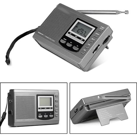 Mini radio portable FM/MW/SW avec réveil numérique, gris.