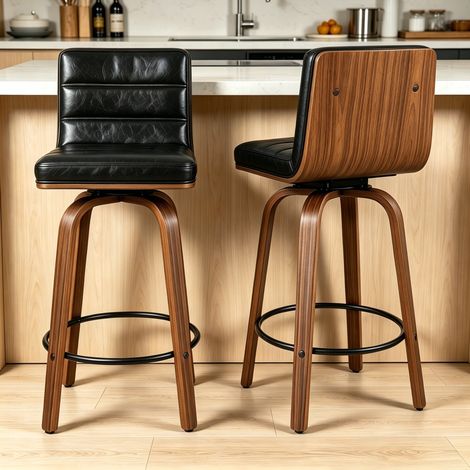 Set de 2 taburetes de bar giratorios con respaldo ergonómico y reposapiés, estructura de metal, madera y PU - negro (1/5)