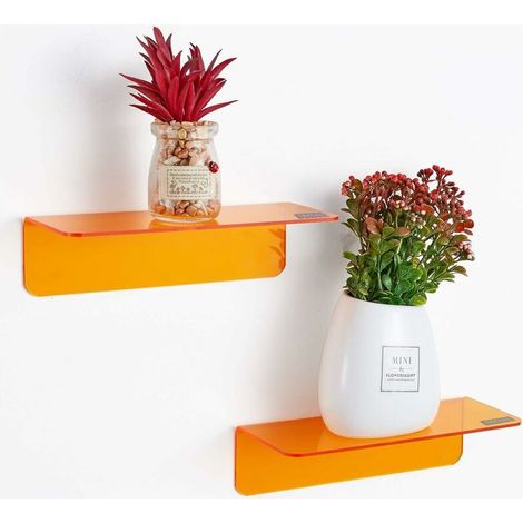 Etagere Murale sans Percage Lot de 2, Agrandissez Facilement l'espace Mural - Petite Etagere Murale Collante en Acrylique pour Chambre, Salle de Bains, Cuisine, avec Clips Câble (Orange) (1/5)