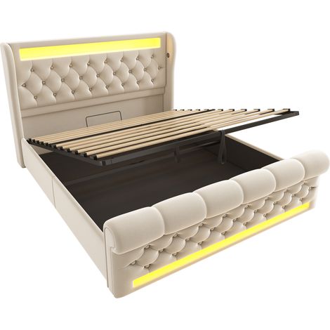 Cama doble tapizada 140x200 cm con LED, arcón hidráulico, terciopelo beige, USB y USB-C (1/5)
