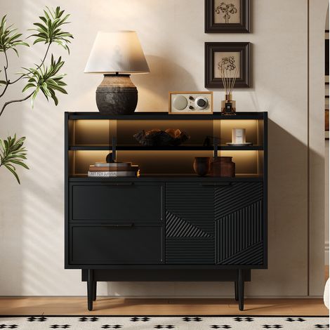 Credenza 80x35x80 cm in MDF con illuminazione LED, 2 ante in vetro, 2 cassetti e ripiani, nera (1/5)