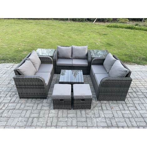 Fimous 8 Seater Outdoor Garden Furniture Sets Wicker Rattan Furniture Sofa Sets with Square Coffee Table Love seat Sofa 2 Small Footstools 2 Side Tables (1/5)