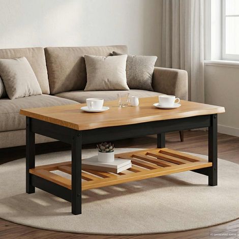 Table basse en pin massif noir avec 1 étagère, style rustique moderne, 100 x 60 x 45,5 cm - PANGIVO (1/5)