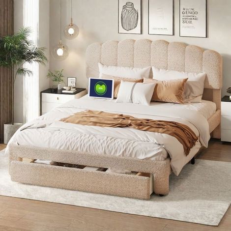 Doppelbett - Erwachsenenbett 140x200 cm in Beige - gepolstertes Bett mit 1 Schublade - Bett 140x200 cm - Lattenrost - Stoff