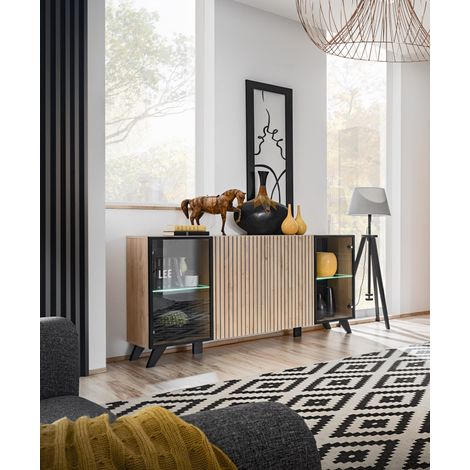 Meuble buffet "Liam" en bois - Beige/noir - L 160 x H 82 x P 40 cm - Livraison gratuite