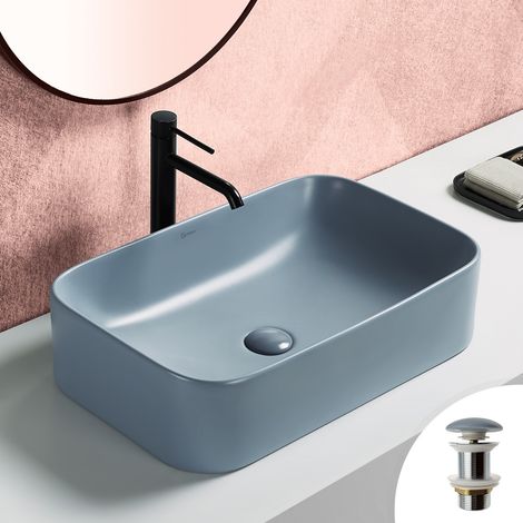 Vasque 61x38cm à poser rectangulaire en céramique bleu cendré mat + bonde pop-up incluse collection POLA (1/5)