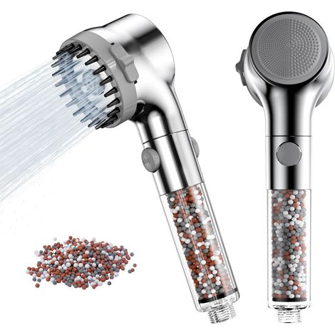 Zivacate Soffione Doccia Alta Pressione con Filtro in Pietra Minerale Spazzola Massaggiante in Silicone, 3 Tipi di Getto e Pulsante di Arresto dell'acqua Doccetta Anticalcare a Risparmio Idrico (1/5)