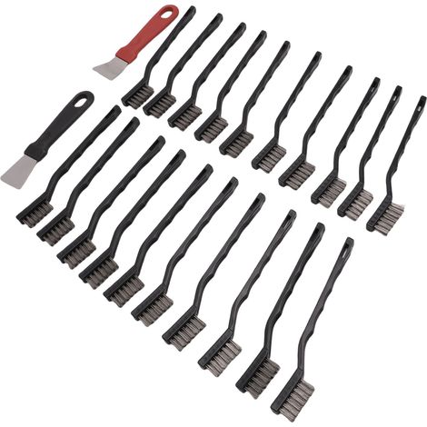 Ensemble de 20 mini-brosses métalliques à manche courbé en acier inoxydable pour le nettoyage des scories de soudure, avec 2 grattoirs. (1/5)