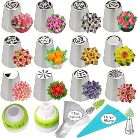 Kit de décoration de gâteau - - 12 douilles russes - Accessoires inclus - Acier inoxydable - Silicone (1/3)