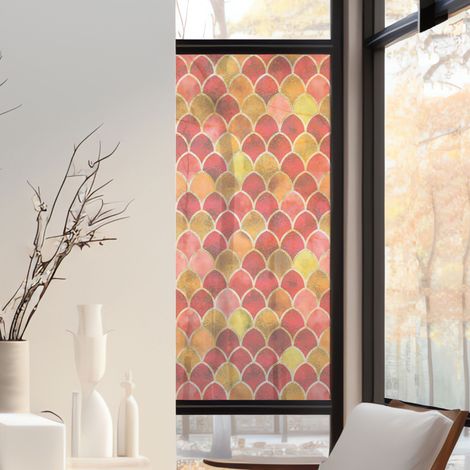 Stickers décoratifs électrostatique, écailles, rouge, jaune, géométrique, raccordable, effet vitrail, 150 cm X 67,5 cm (1/2)