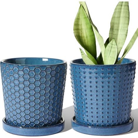 Keramik Blumentopf 2er-Set mit Untersetzer, 13.5cm, Blau, für Zimmerpflanzen (1/5)
