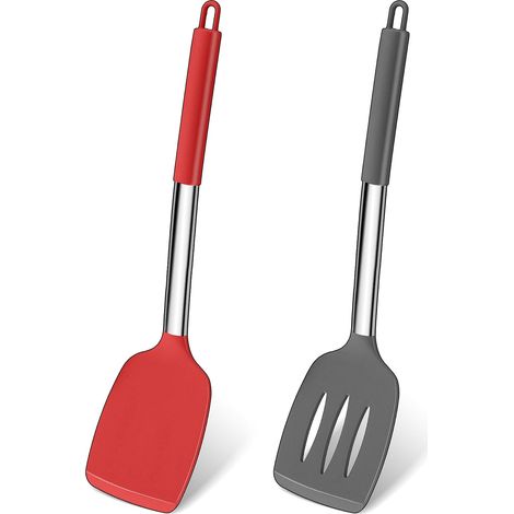 Pfannenwender Set 2 Stück – Hitzebeständiger Silikon Spatel mit Edelstahl-Griff, Küchenhelfer zum Kochen & Wenden, Spülmaschinenfest (1/5)