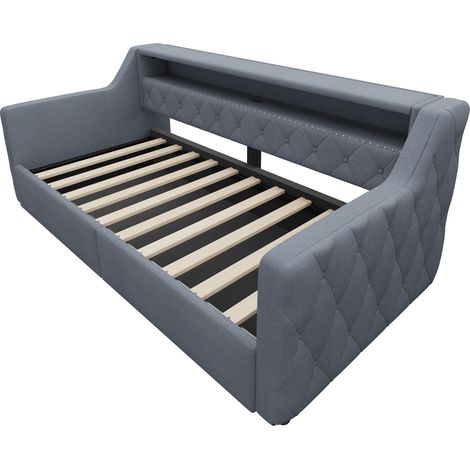 Cama tipo diván 90 x 200 cm de lino gris con LED, arcón hidráulico, USB y Type-C (1/5)