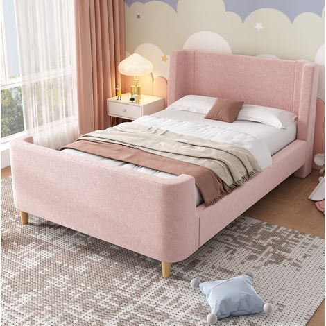Lit 90x200 enfant style traîneau velours rose OKMYHOME (1/5)