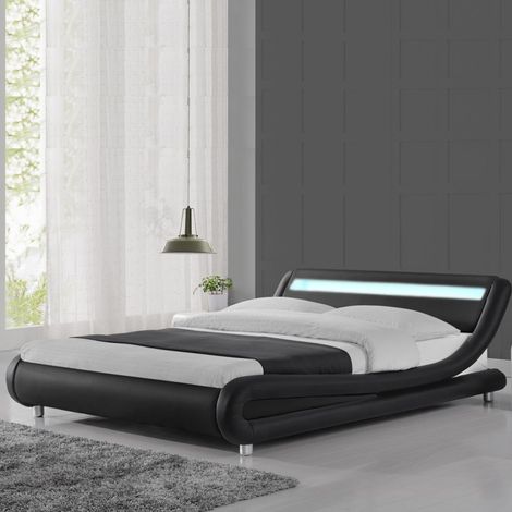 MEUBLER DESIGN Lit Led Design Julio - Noir - 160x200, Structure En Bois - Simili Cuir Revêtu En Polyuréthane, Style Contemporain, 216.5 x 175 x 62 cm (1/5)