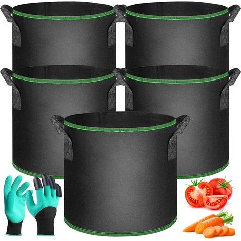 5er-Set Pflanzsäcke, Vliesstoff, 30 l, verstärkte Griffe, Gartenhandschuhe, Balkongarten (1/5)