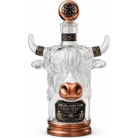 (A) Carafe à whisky en verre en forme de vache des Highlands avec bouchon, design vintage, idéale pour décorer un bar ou offrir. (1/5)
