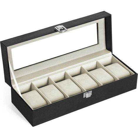 Scatola per orologi con 6 scomparti supporto per esposizione con coperchio in vetro rivestimento interno in velluto cuscino e chiusura 30 cm esterno nero interno beige 120002222