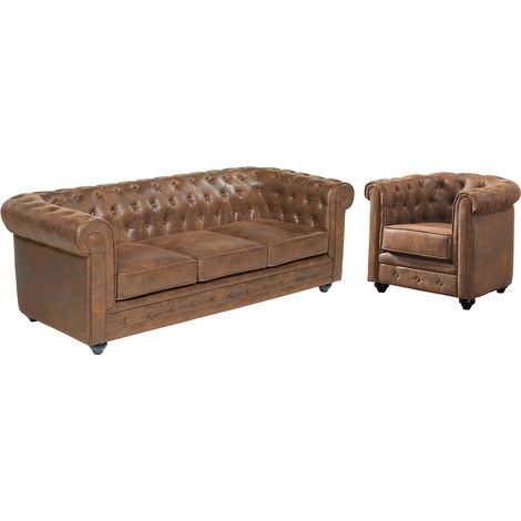 Divano 3 posti e Poltrona CHESTERFIELD in microfibra effetto cuoio invecchiato