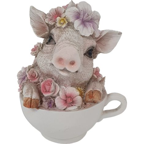 Dekofigur Schwein mit Blumen in Tasse 15 x 12,5 x 10,5 cm weiß rosa Skulptur