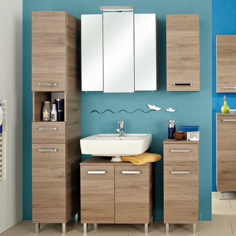 Bad-Set OSTENDE-66 in Sanremo Eiche, mit Waschtisch-Unterschrank und Spiegel - B/H/T: 210/200/33cm (1/5)